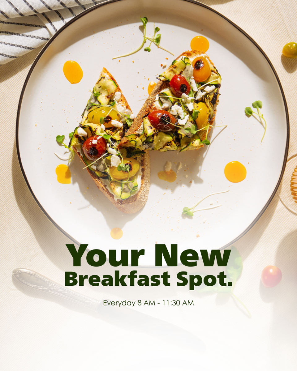 Two slices of toast with toppings on a white plate, with text. The Best Breakfast in Burlington