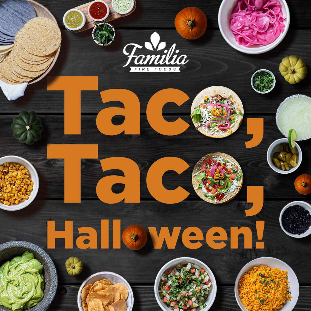 Promotional graphic for Familia Tacos with taco ingredients and text on a wooden background.