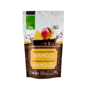 Mango pieces dipped dark chocolate